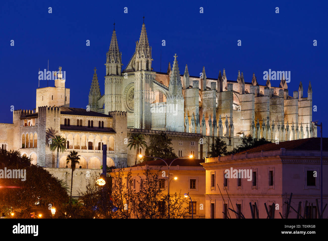 Night view of the Cathedral of Palma Mallorca and the Almudaina Palace Stock Photo