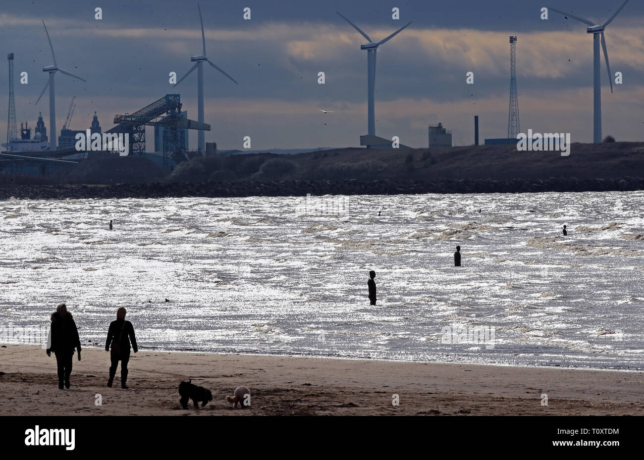 Merseyside alongside anthony gormleys another place iron men sculptures hires stock photography