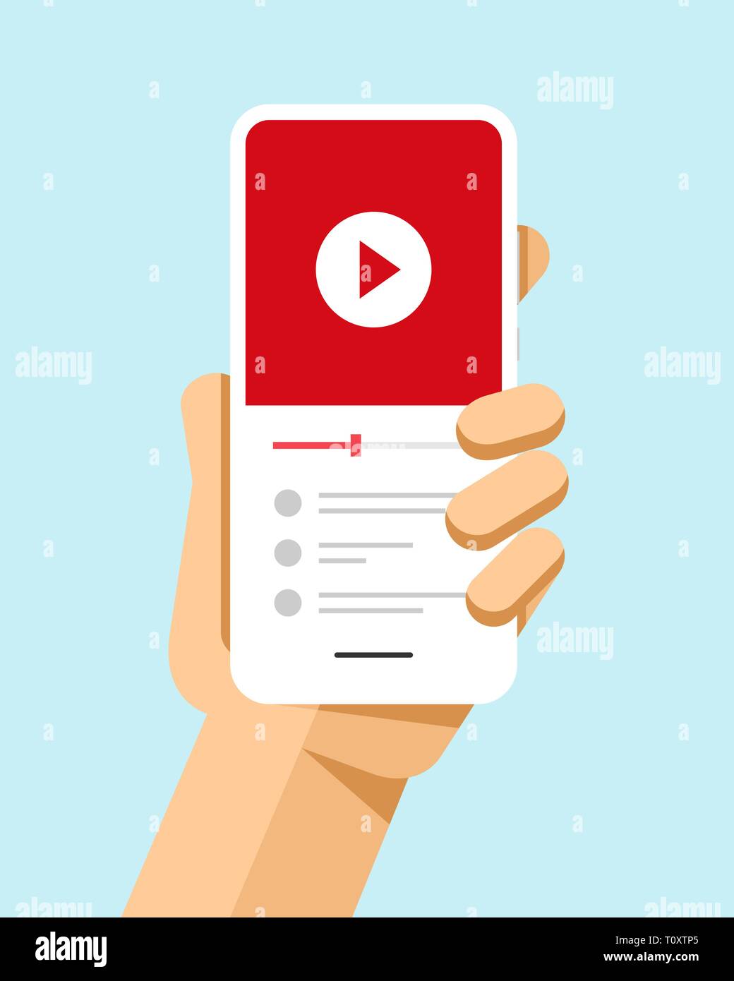Hand holds the smartphone with video file on the screen. Flat vector ...