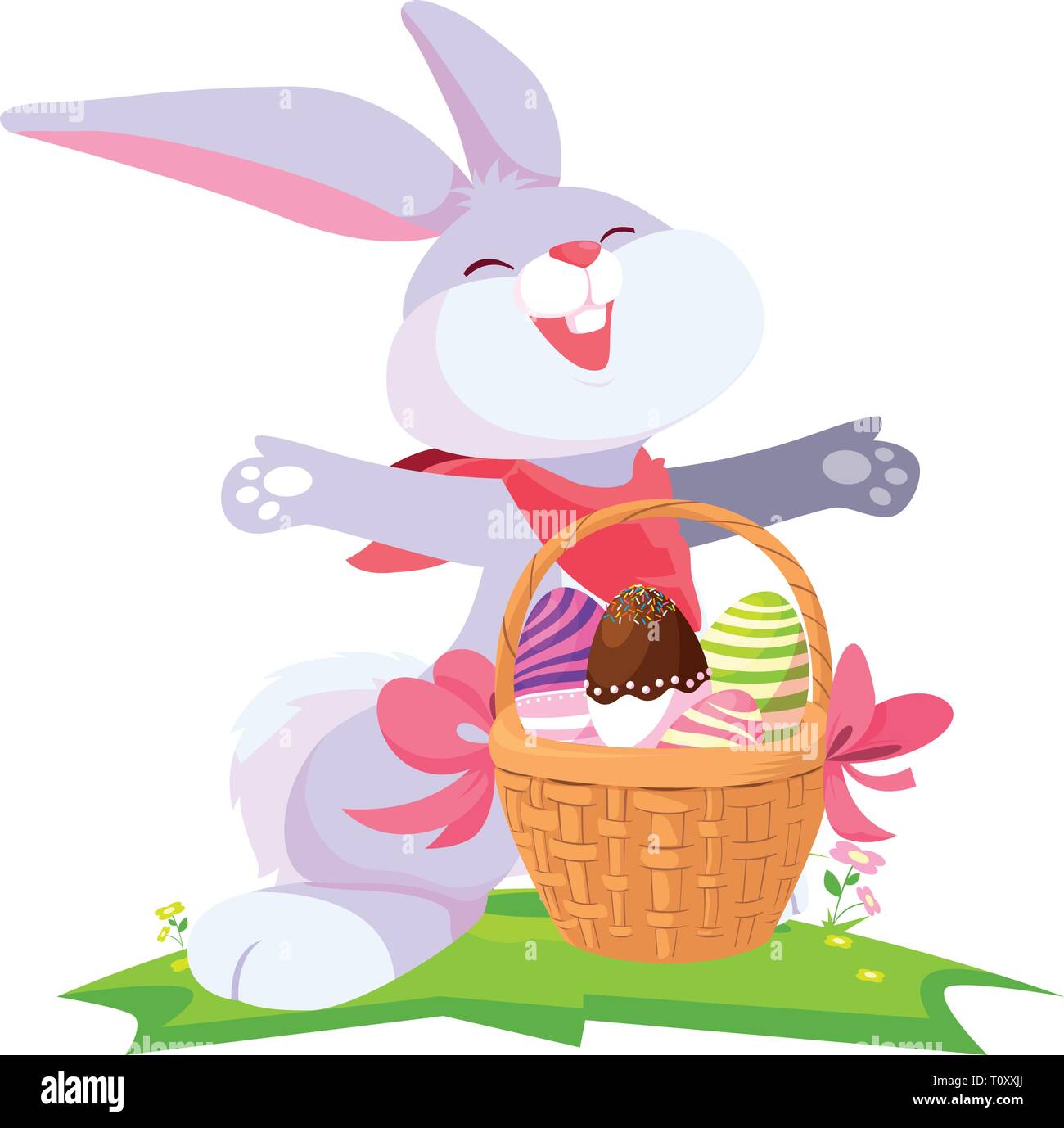 cute rabbit easter with eggs painted in basket vector illustration ...