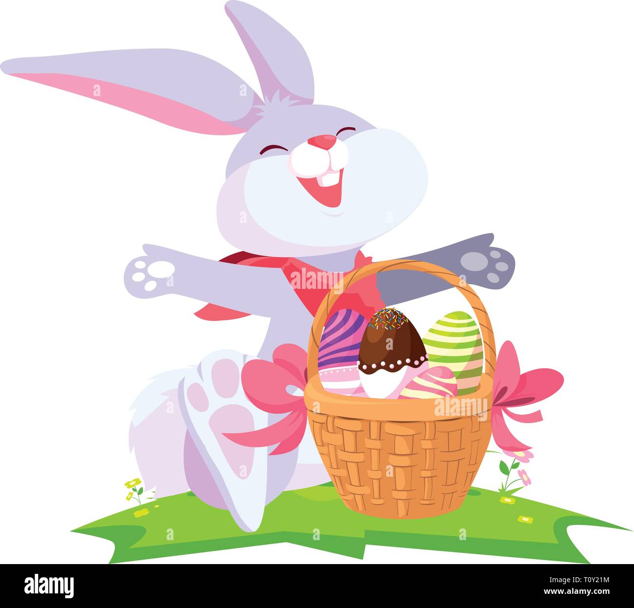 cute rabbit easter with eggs painted in basket vector illustration ...