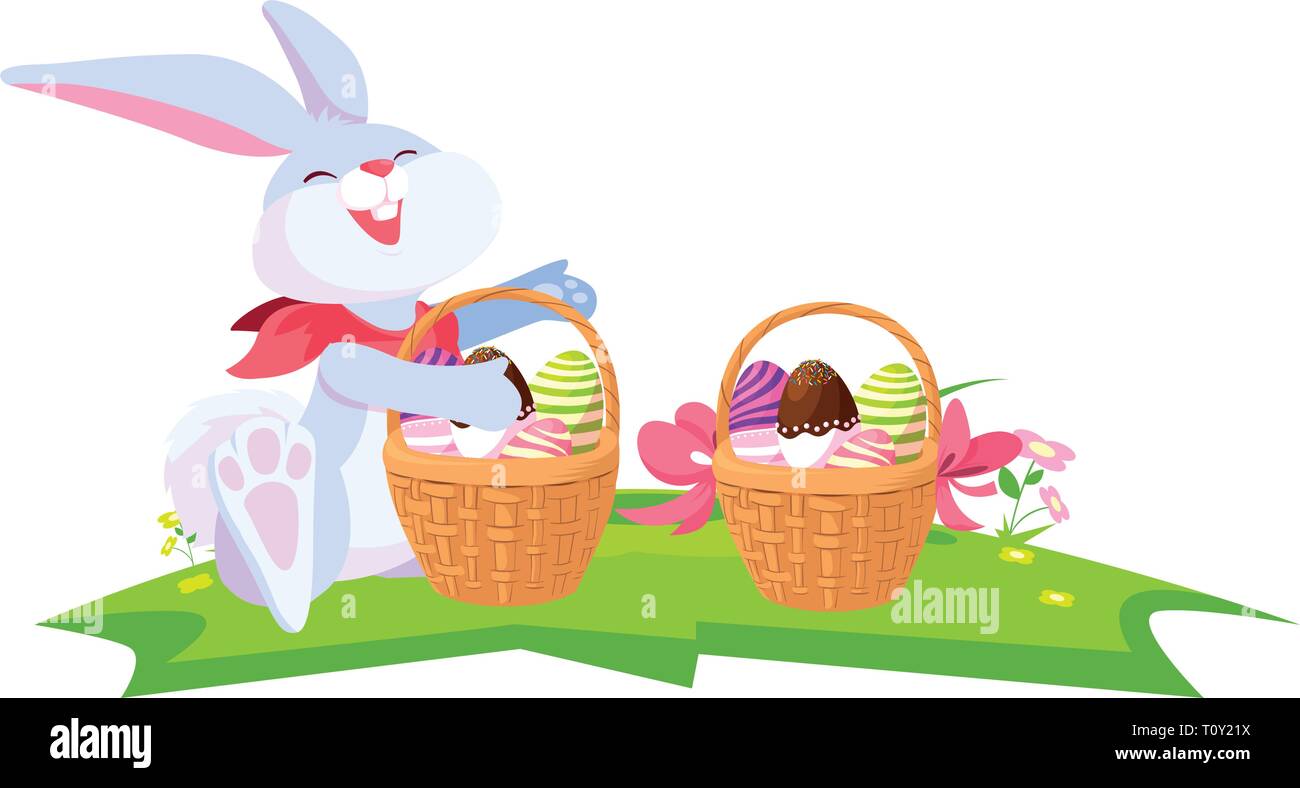 cute rabbit easter with eggs painted in basket vector illustration ...