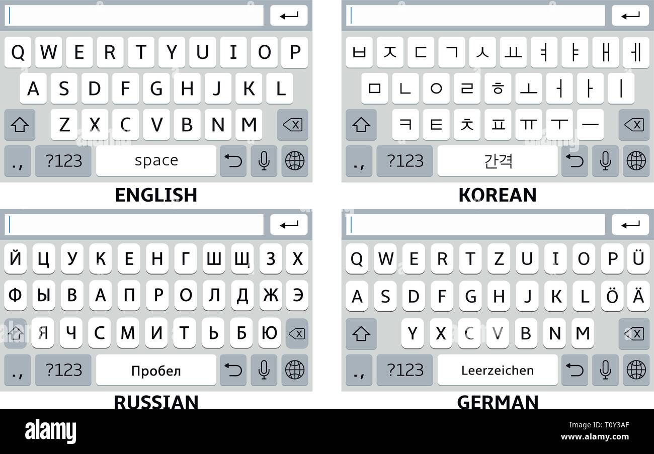 Mobile phone virtual keyboards: English, Korean, German, Russian alphabet Stock Vector