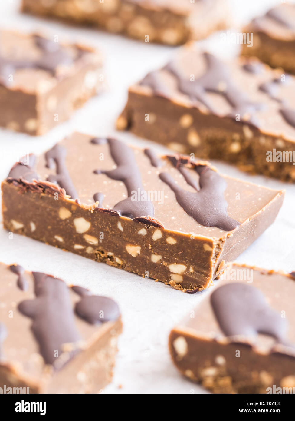 Homemade protein no sugar bars with peanut butter and hemp protein (vegan). Stock Photo