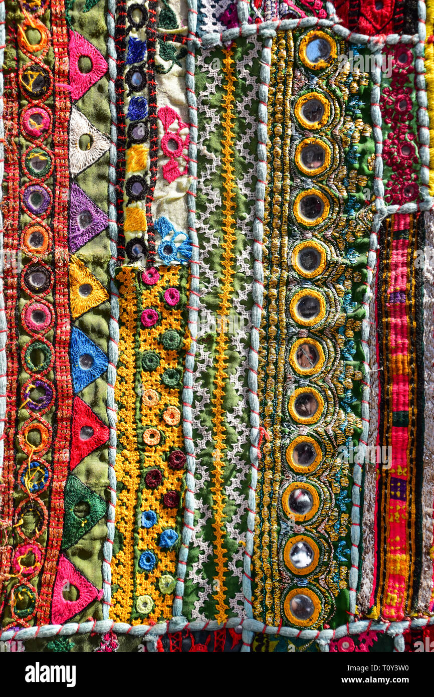 Textiles detail close-up, Sardar Market, Jodhpur, Rajasthan, India Stock Photo