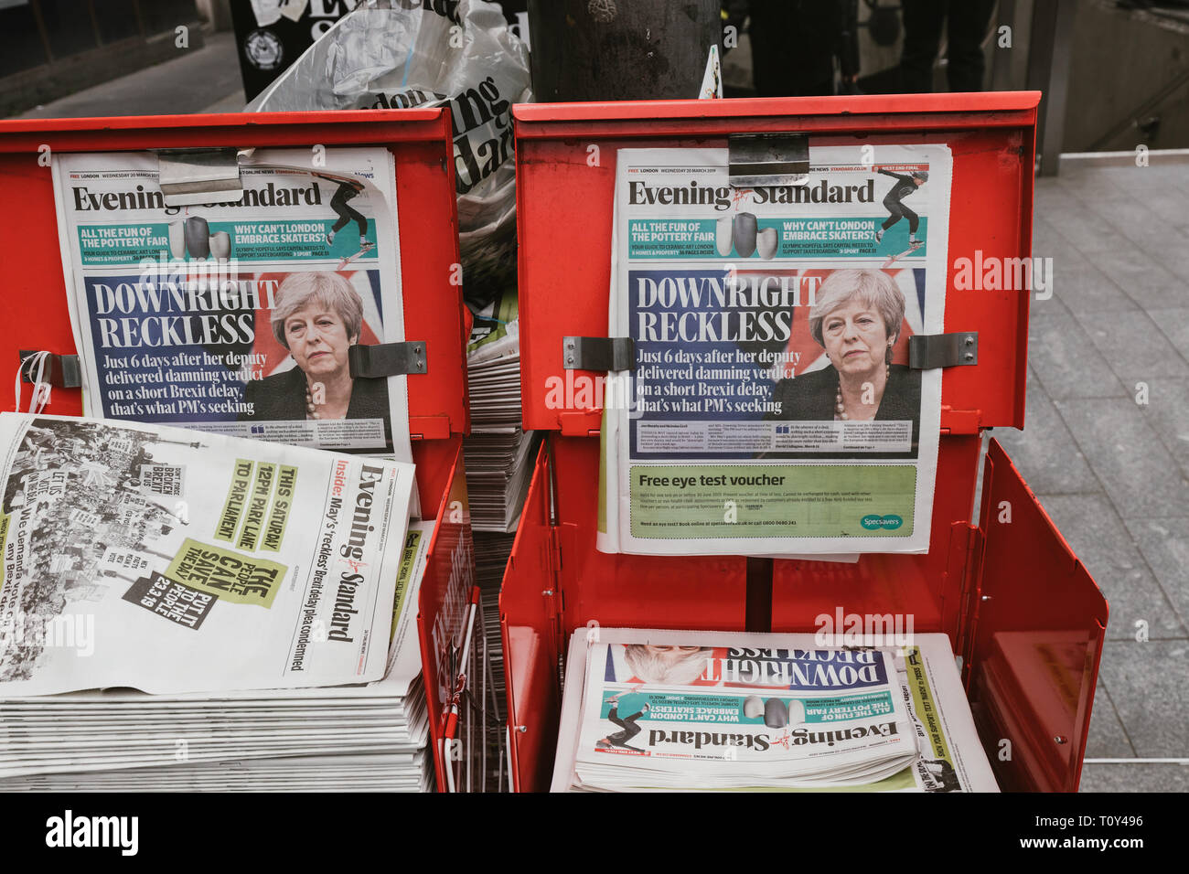 LONDON - MARCH 20, 2019: Evening Standard newpaper on street stall with Brexit coverage Stock Photo