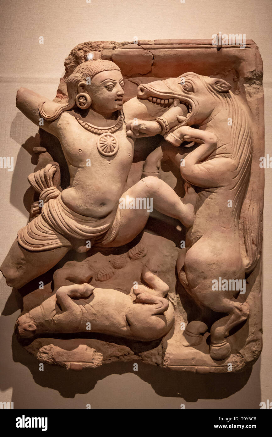 Krishna Killing the Horse Demon Keshi is a 5th century sculpture on display at the Metropolitan Museum of Art in New York City. Stock Photo