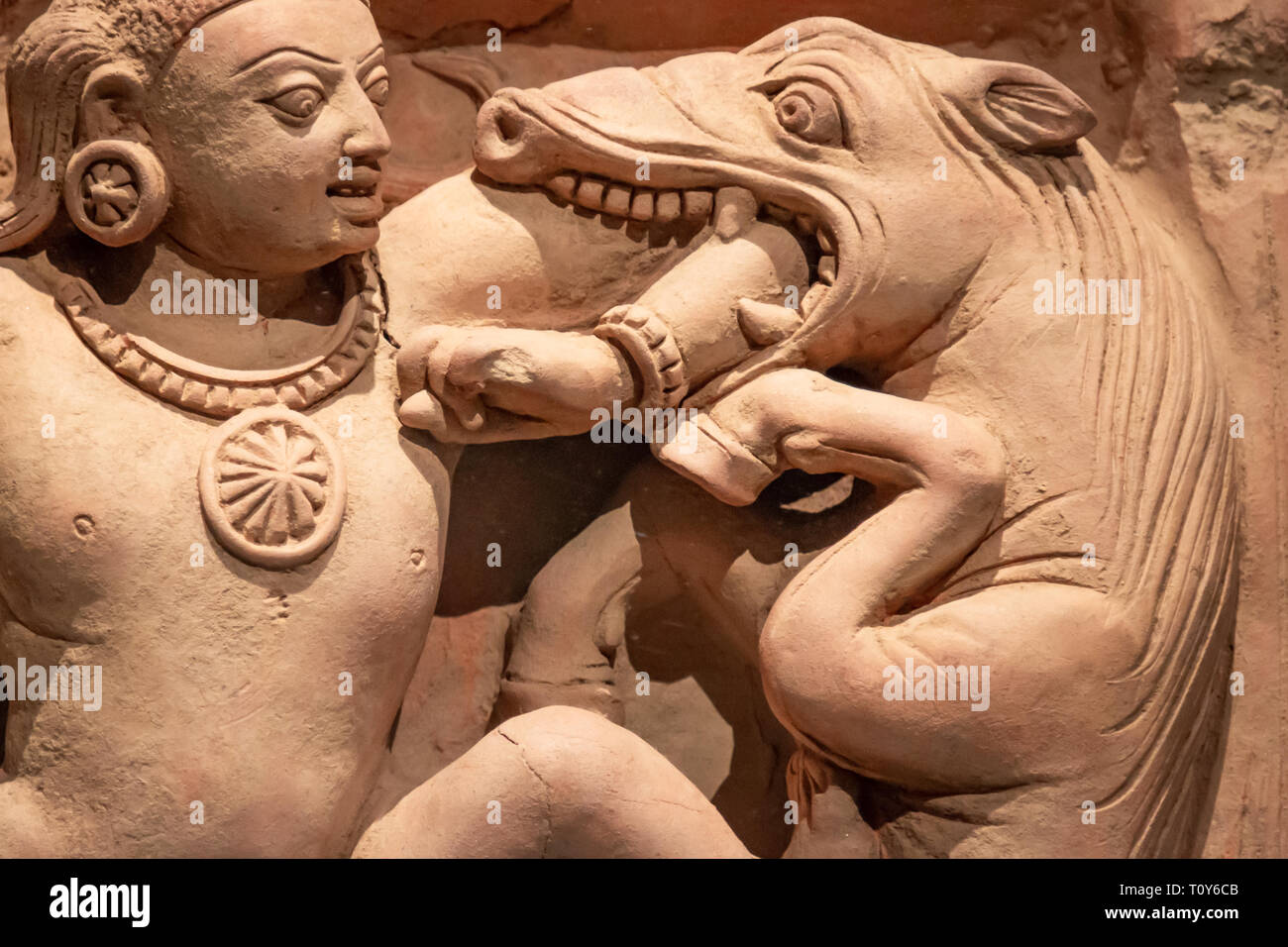 Krishna Killing the Horse Demon Keshi is a 5th century sculpture on display at the Metropolitan Museum of Art in New York City. Stock Photo