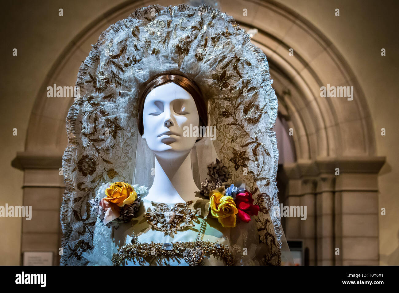 Heavenly Bodies: Fashion and the Catholic Imagination is a special exhibit that was on display in the Anna Wintour Costume Center at the Metropolitan Museum of Art in New York City featuring papal robes and accessories from the Sistine Chapel sacristy, many of which have never been seen outside the Vatican. Stock Photo