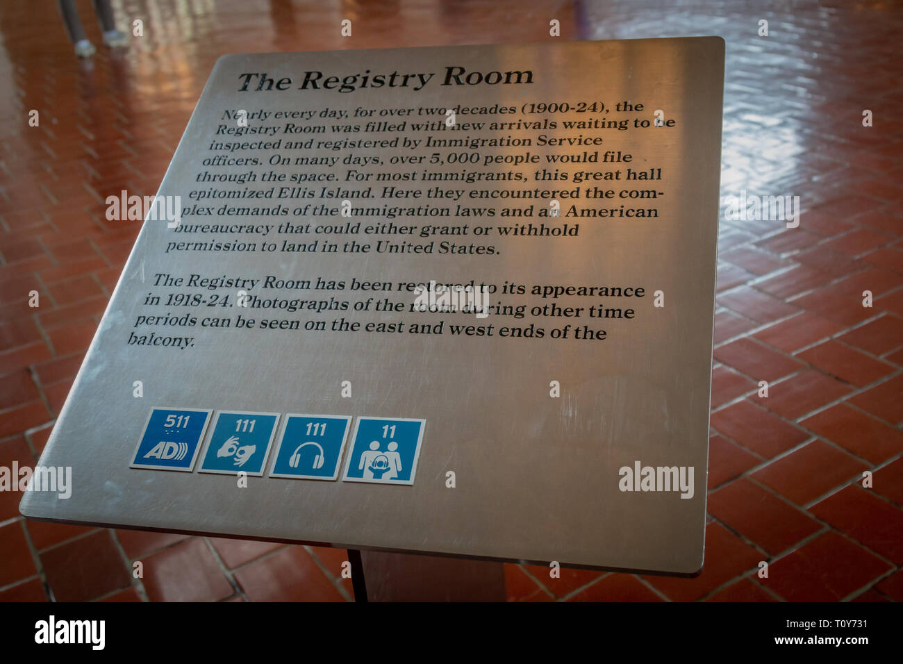 Information sign in the Registry Room of the Immigration Museum on Ellis Island in New York City