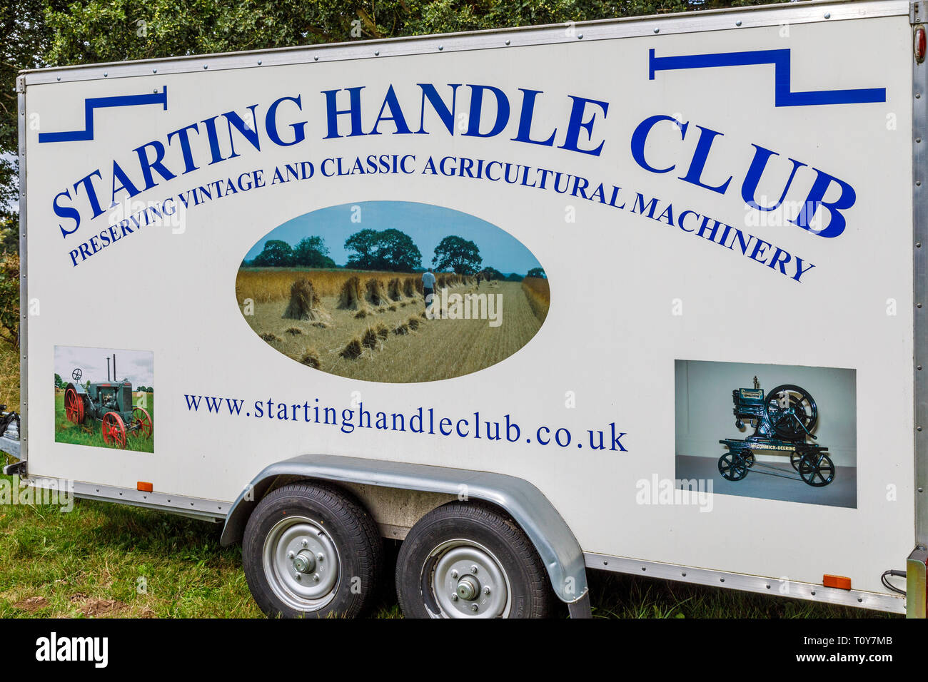 The equipment trailer for the Starting Handle Club parked at the 2018 Aylsham Agricultural Show, Norfolk, UK. Stock Photo