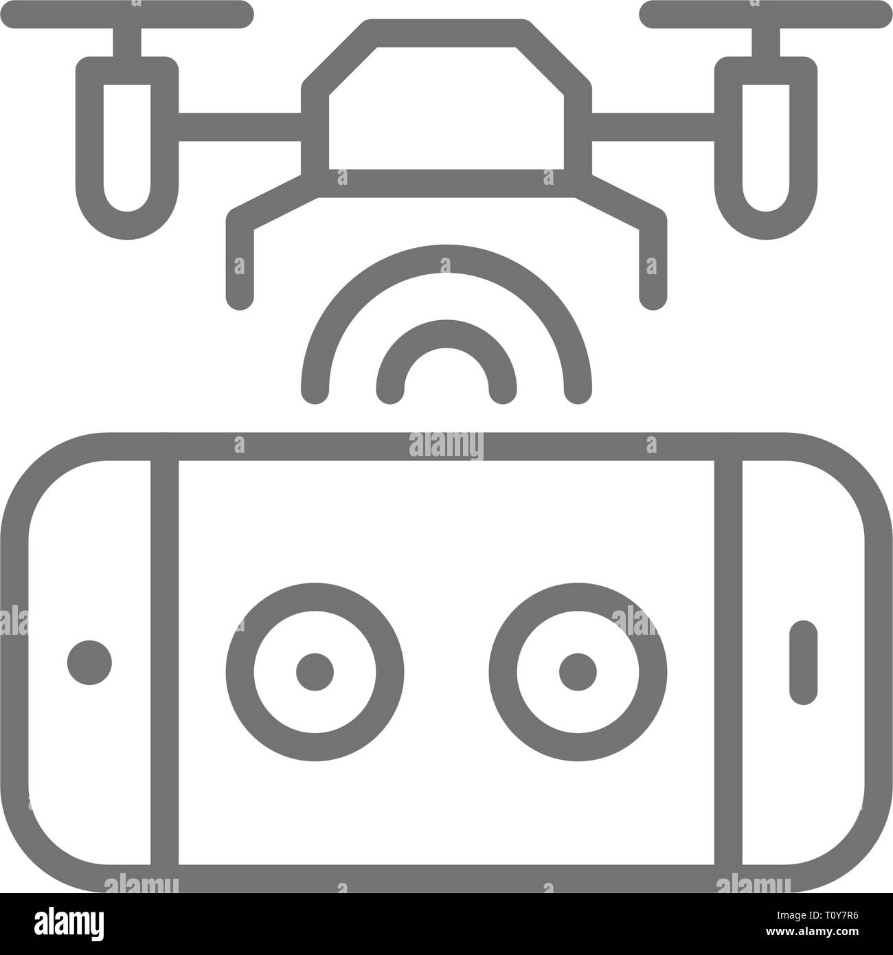 Drone with control panel, mobile remote controller line icon. Stock Vector