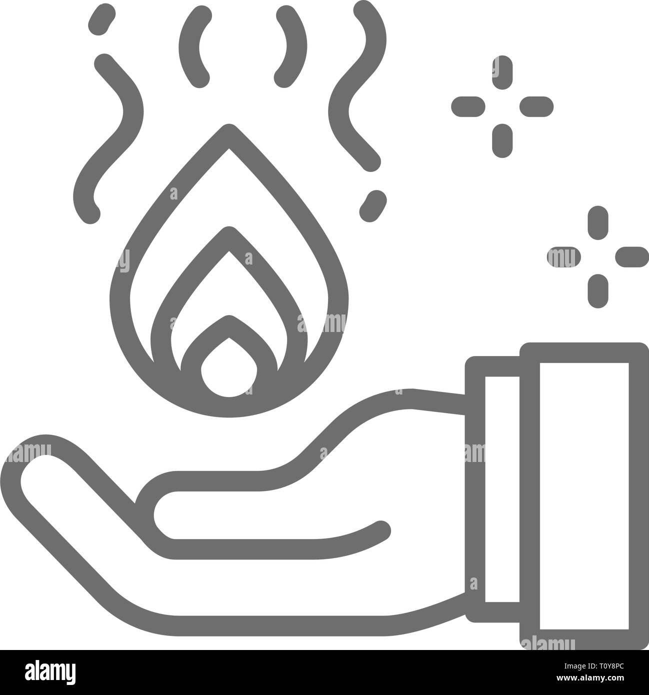 Trick with fire in hand, magic line icon. Stock Vector