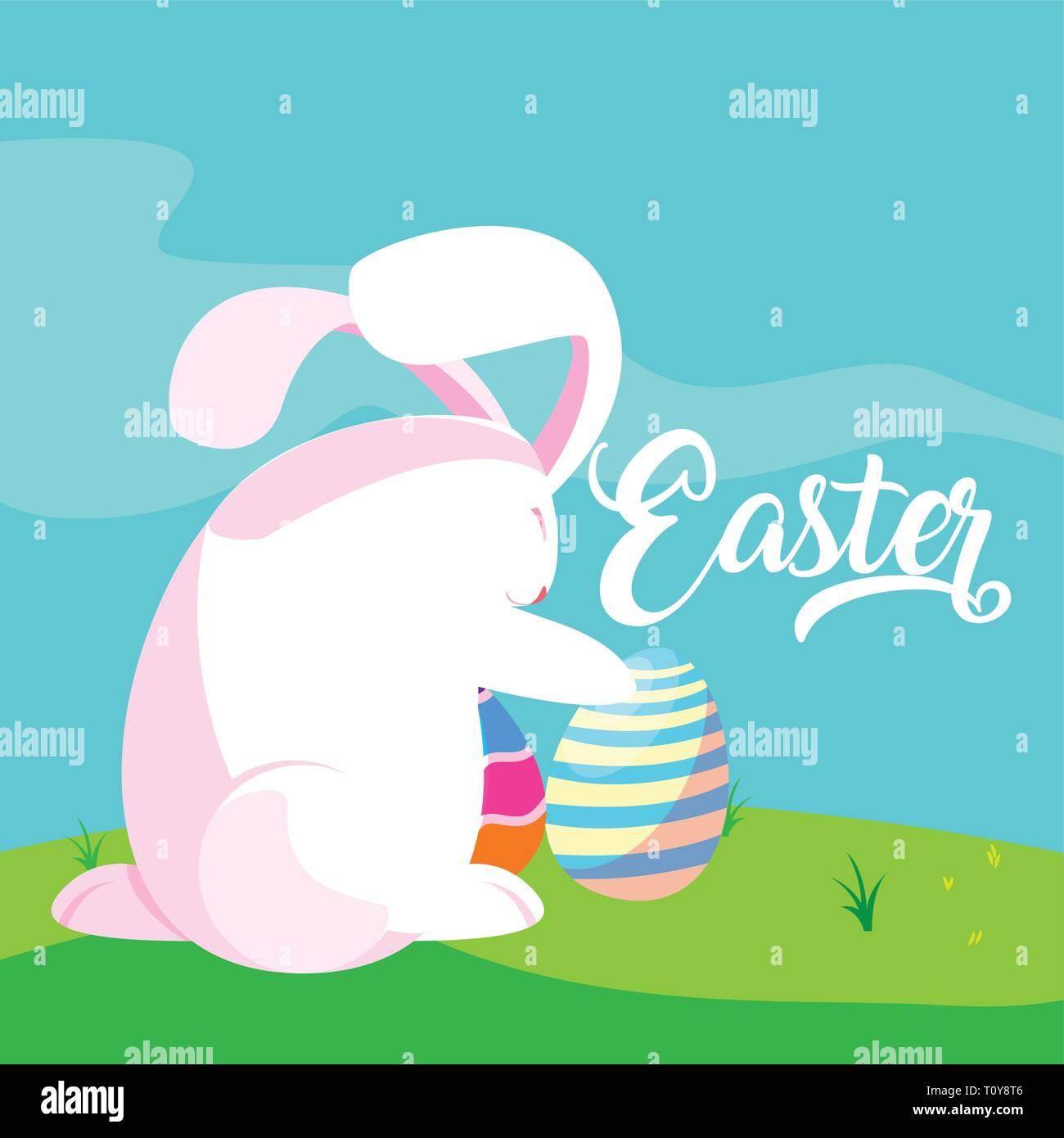 cute rabbit with eggs of easter in grass vector illustration design ...