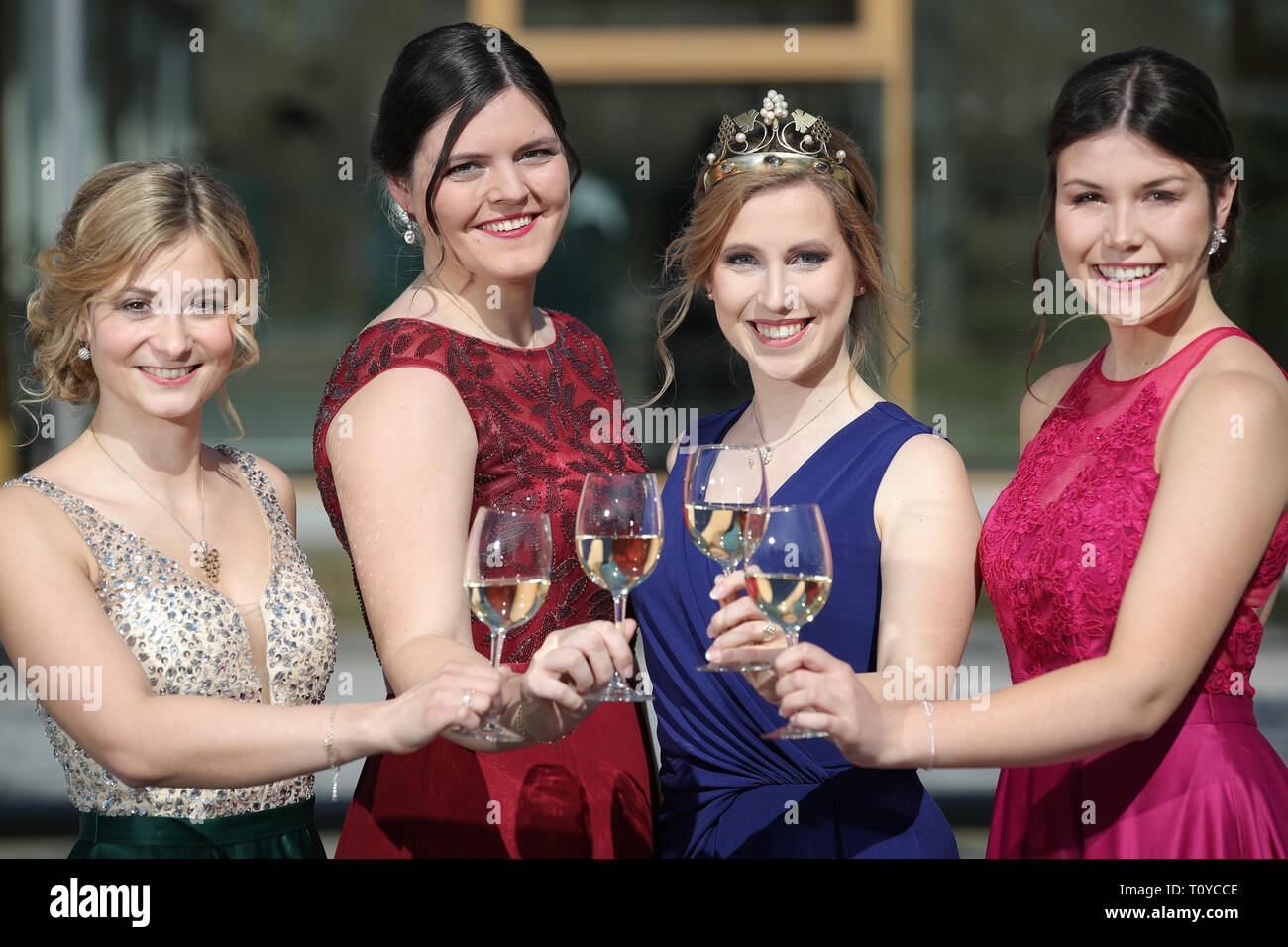 Grafenrheinfeld, Germany. 22nd Mar, 2019. Elisabeth Goger (l), Eva-Maria  Keller (2nd from left), and Carolin Meyer (r), applicants for the election  of the new Franconian Wine Queen, will meet with the current