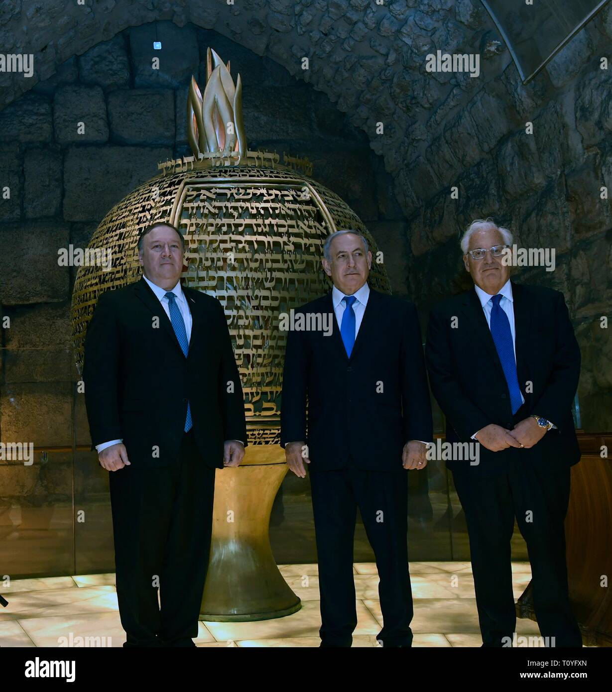 U.S. Secretary of State Mike Pompeo, left, tours the Western Wall and Tunnels with Israeli Prime Minister Benjamin Netanyahu, center, and U.S. Ambassador David Friedman March 21, 2019 in Jerusalem, Israel. Stock Photo
