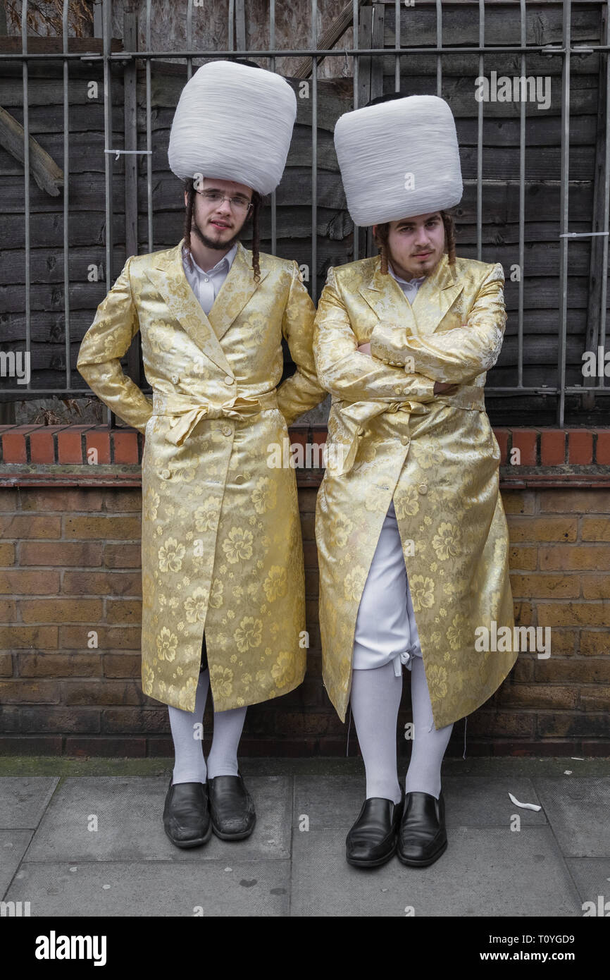 London, UK. 21st March, 2019. Haredi Jews in north London gather in fancy dress to celebrate the annual religious holiday of Purim. Credit: Guy Corbishley/Alamy Live News Stock Photo