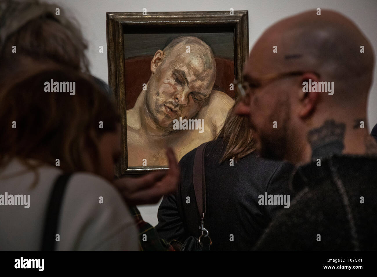 Moscow, Russia. 22nd Mar 2019. The painting 'Leigh Bowery' by Lucian Freud in the Pushkin State Museum of Fine Arts during the exhibition “Francis Bacon, Lucian Freud, and the School of London.” in Moscow, Russia. The artworks provided by the Tate Gallery, London Stock Photo