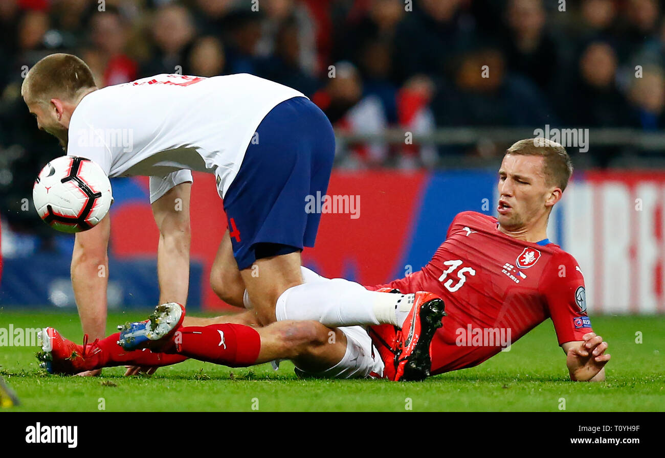 London, UK. 22nd Mar 2019. Eric Dier of England gets tackled by Tomas Soucek of Czech Republic during European Championship Qualifying 2020 between England and Czech Republic at Wembley stadium, London, England on 22 Mar 2019 Credit: Action Foto Sport/Alamy Live News Stock Photo