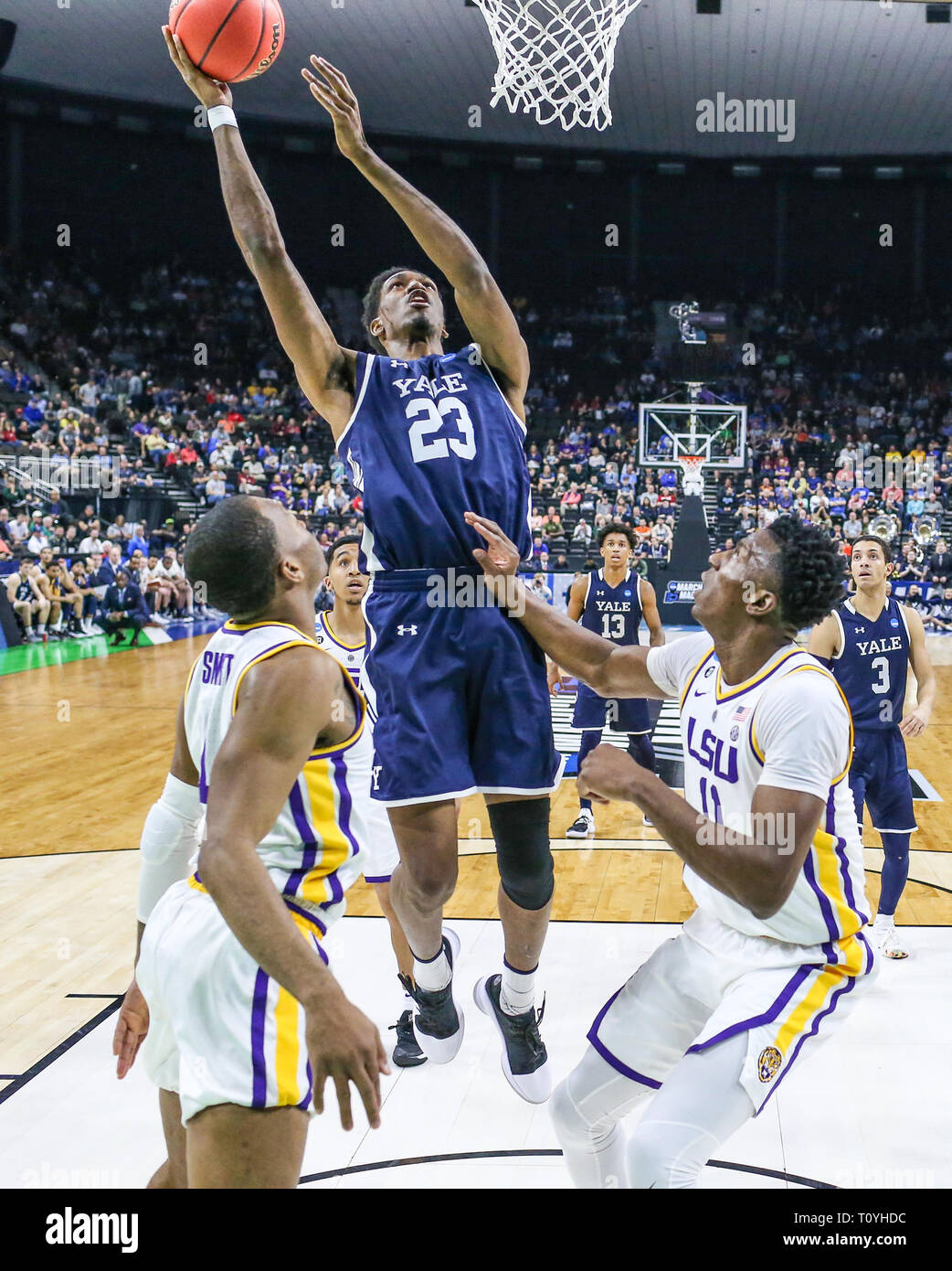 Yale Bulldogs forward Jordan Bruner (23) shoots the ball during the first  half of an NCAA college tournament basketball game against the LSU Tigers  in Jacksonville, Fla., Thursday, March 21, 2019. (Gary