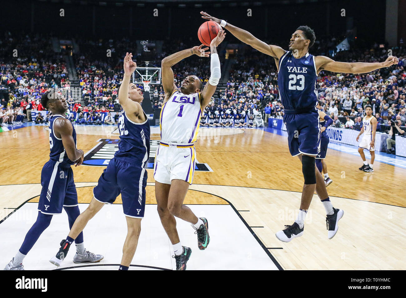 LSU Tigers guard Javonte Smart (1) has his shot blocked by Yale Bulldogs  forward Jordan Bruner (23) during the second half of an NCAA college  tournament basketball game against the Yale Bulldogs
