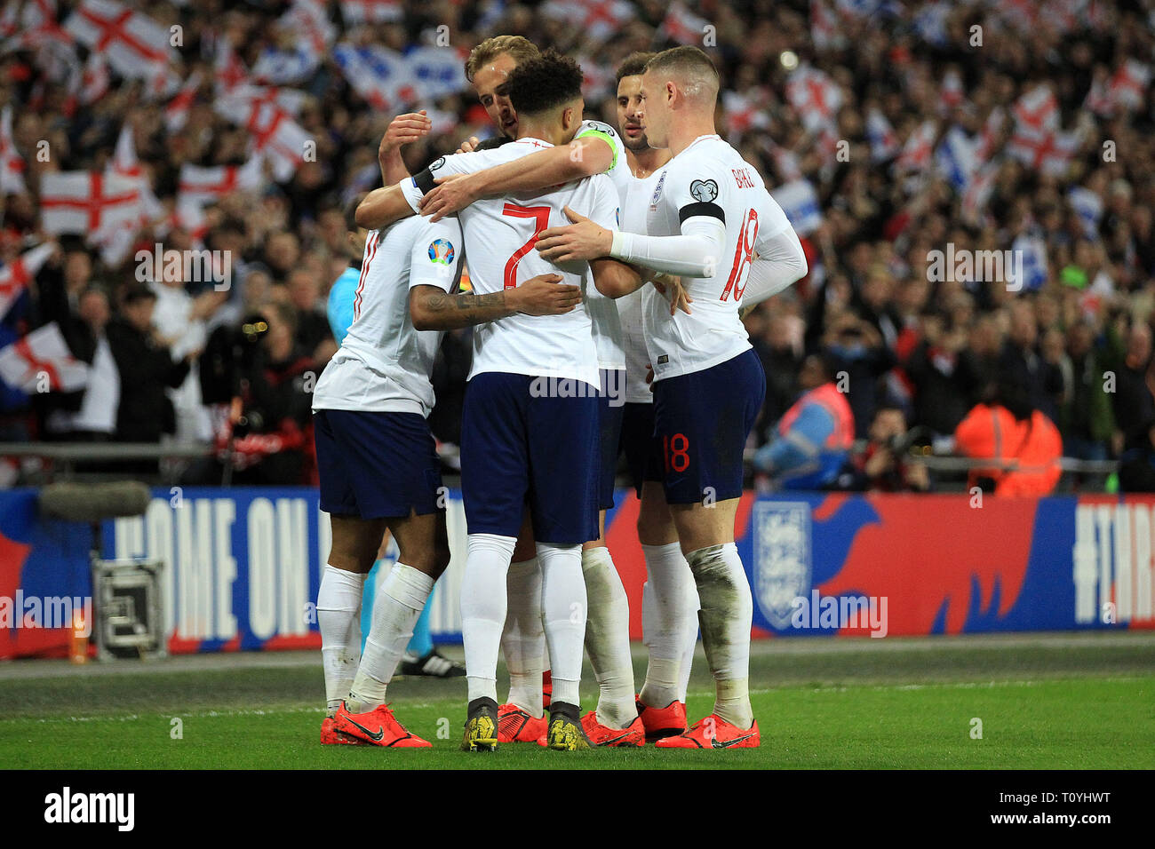 London, UK. 22nd Mar, 2019. Raheem Sterling of England celebrates with teammates after scoring his team's third goal. UEFA Euro 2020 qualifier, group A match, England v Czech Republic at Wembley Stadium in London on Friday 22nd March 2019. Please note images are for Editorial Use Only. EDITORIAL USE ONLY. pic by Steffan Bowen/Andrew Orchard sports photography/Alamy Live news Credit: Andrew Orchard sports photography/Alamy Live News Stock Photo