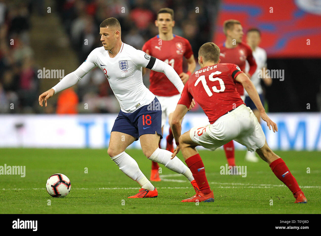 London, UK. 22nd Mar, 2019. Ross Barkley of England goes past Tomas Soucek of Czech Republic during the UEFA Euro 2020 Qualifying Group A match between England and Czech Republic at Wembley Stadium on March 22nd 2019 in London, England. (Photo by Matt Bradshaw/phcimages.com) Credit: PHC Images/Alamy Live News Stock Photo