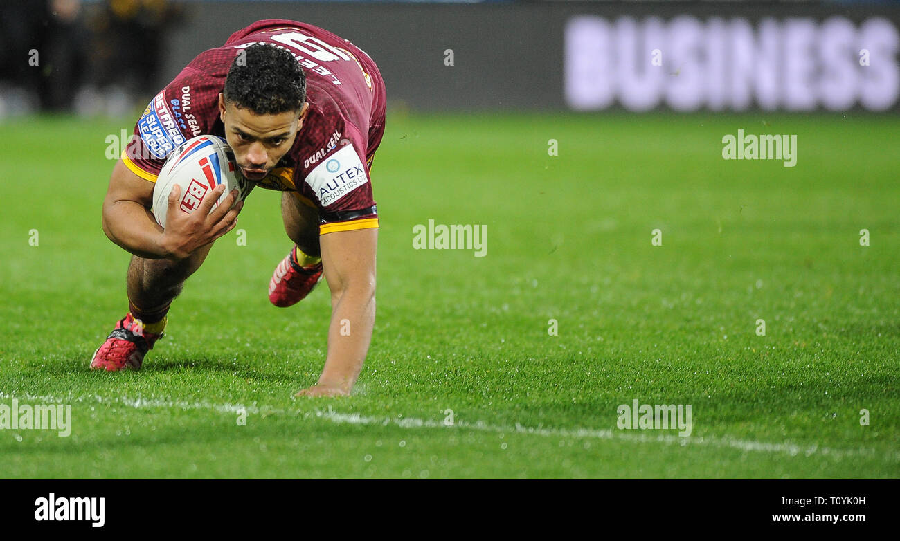 Huddersfield, UK. 22nd Mar, 2019. John Smiths Stadium, Huddersfield, England; Rugby League Betfred Super League, Huddersfield Giants vs Hull Kingston Rovers;Huddersfield GiantsÕ Kruise Leeming scores a second half try. Credit: Dean Williams/Alamy Live News Stock Photo