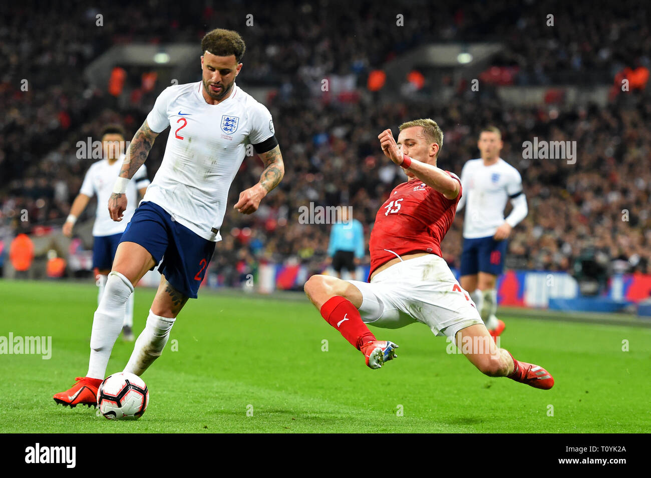 London, UK. 22nd Mar 2019. Czech Republic midfielder Tomas Soucek flies in to tackle England defender Kyle Walker during the UEFA European Championship Group A Qualifying match between England and Czech Republic at Wembley Stadium, London on Saturday 23rd March 2019. (Credit: Jon Bromley | MI News ) Credit: MI News & Sport /Alamy Live News Stock Photo