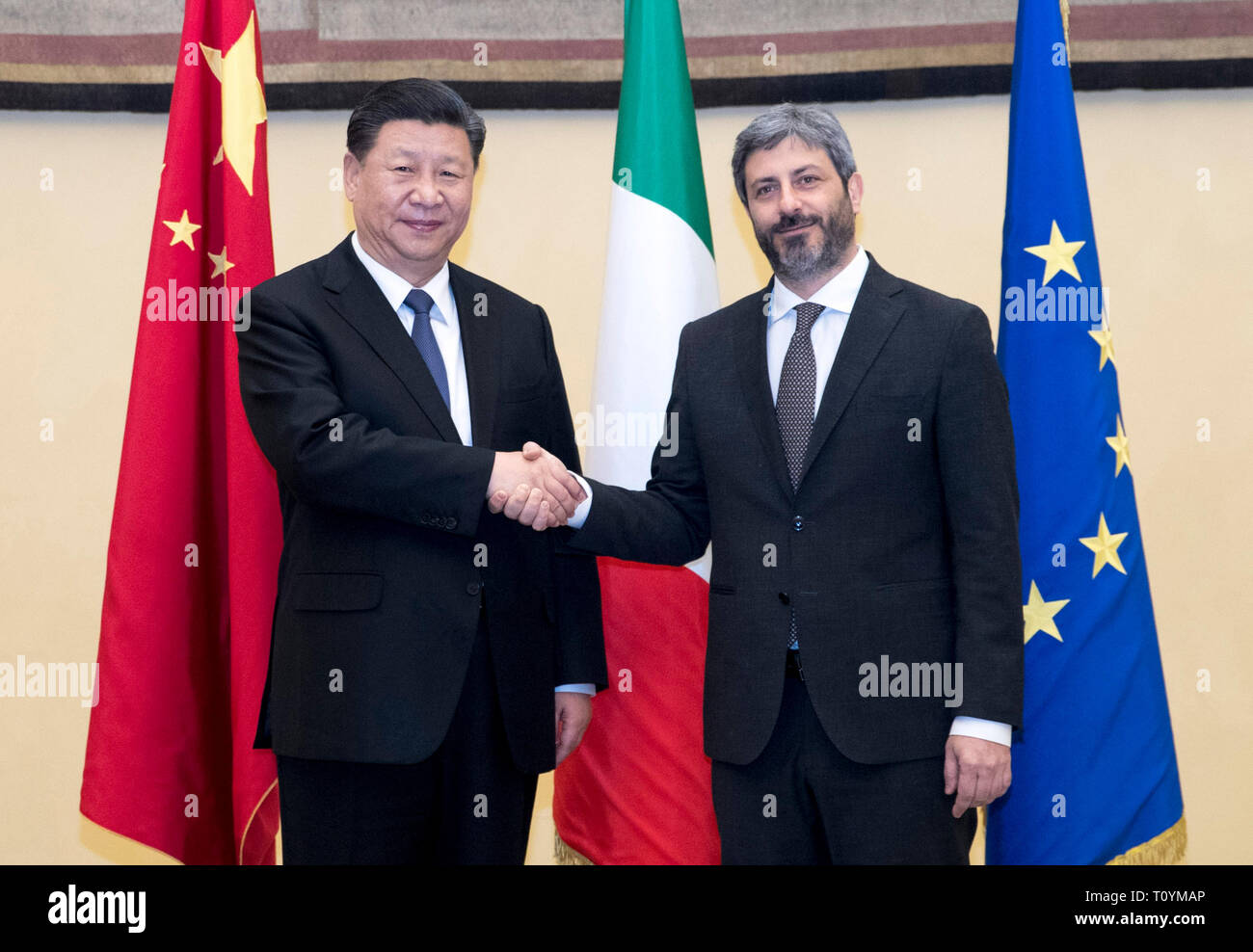 Rome, Italy. 22nd Mar, 2019. Chinese President Xi Jinping (L) meets with Roberto Fico, president of the Italian Chamber of Deputies, in Rome, Italy, March 22, 2019. Credit: Wang Ye/Xinhua/Alamy Live News Stock Photo