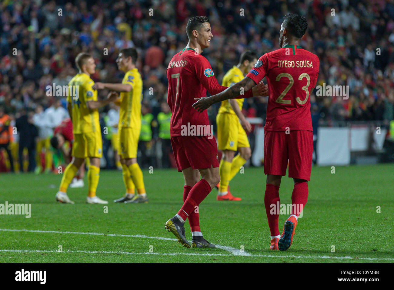 Lisbon, Portugal. 22nd Mar, 2019. March 22, 2019. Lisbon, Portugal. Portugal's and Juventus forward Cristiano Ronaldo (7) and Portugal's and Braga forward Dyego Sousa (23) during the European Championship 2020 Qualifying Round between Portugal and Ukraine Credit: Alexandre de Sousa/Alamy Live News Stock Photo