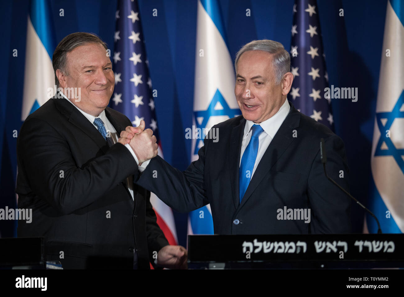 Beijing, China. 21st Mar, 2019. Israeli Prime Minister Benjamin Netanyahu (R) and U.S. Secretary of State Mike Pompeo attend a press conference in Jerusalem, on March 21, 2019. Credit: JINI/Hadas Parush/Xinhua/Alamy Live News Stock Photo