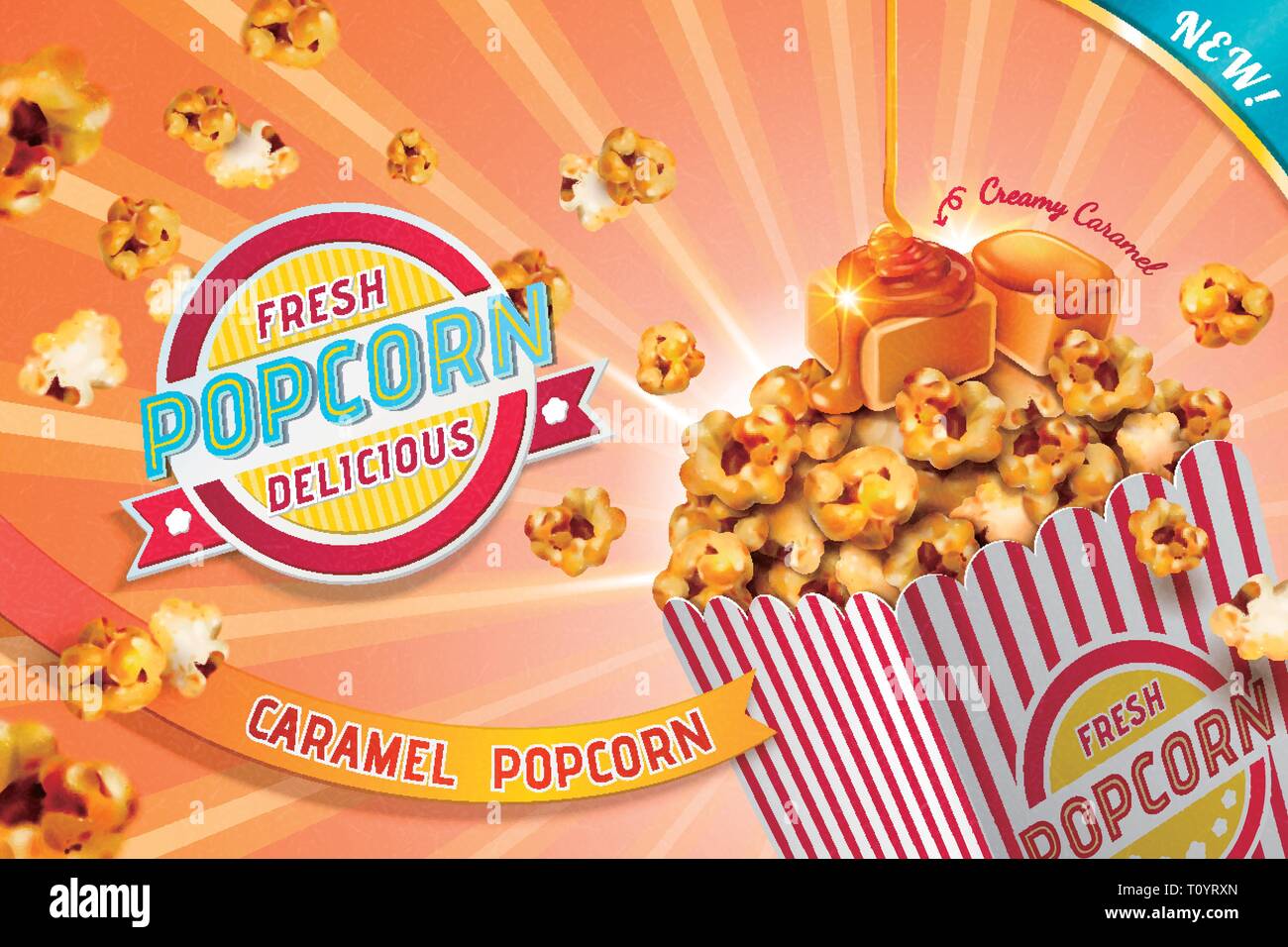 Classic caramel popcorn ads in striped paper container, 3d illustration Stock Vector