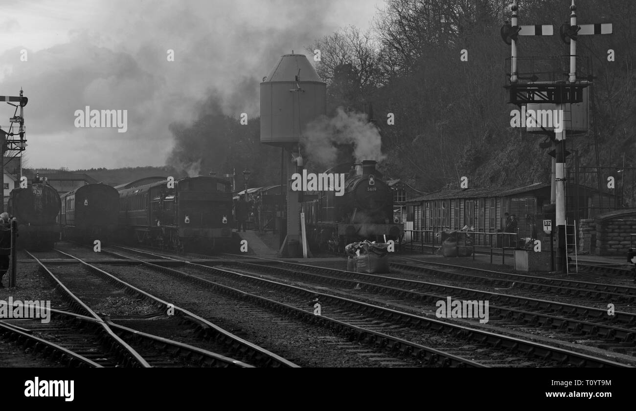 Steam locomotives at Bewdley station in a cloud of smoke and steam at the Severn Valley Railway Shropshire Spring Gala 2019 Stock Photo