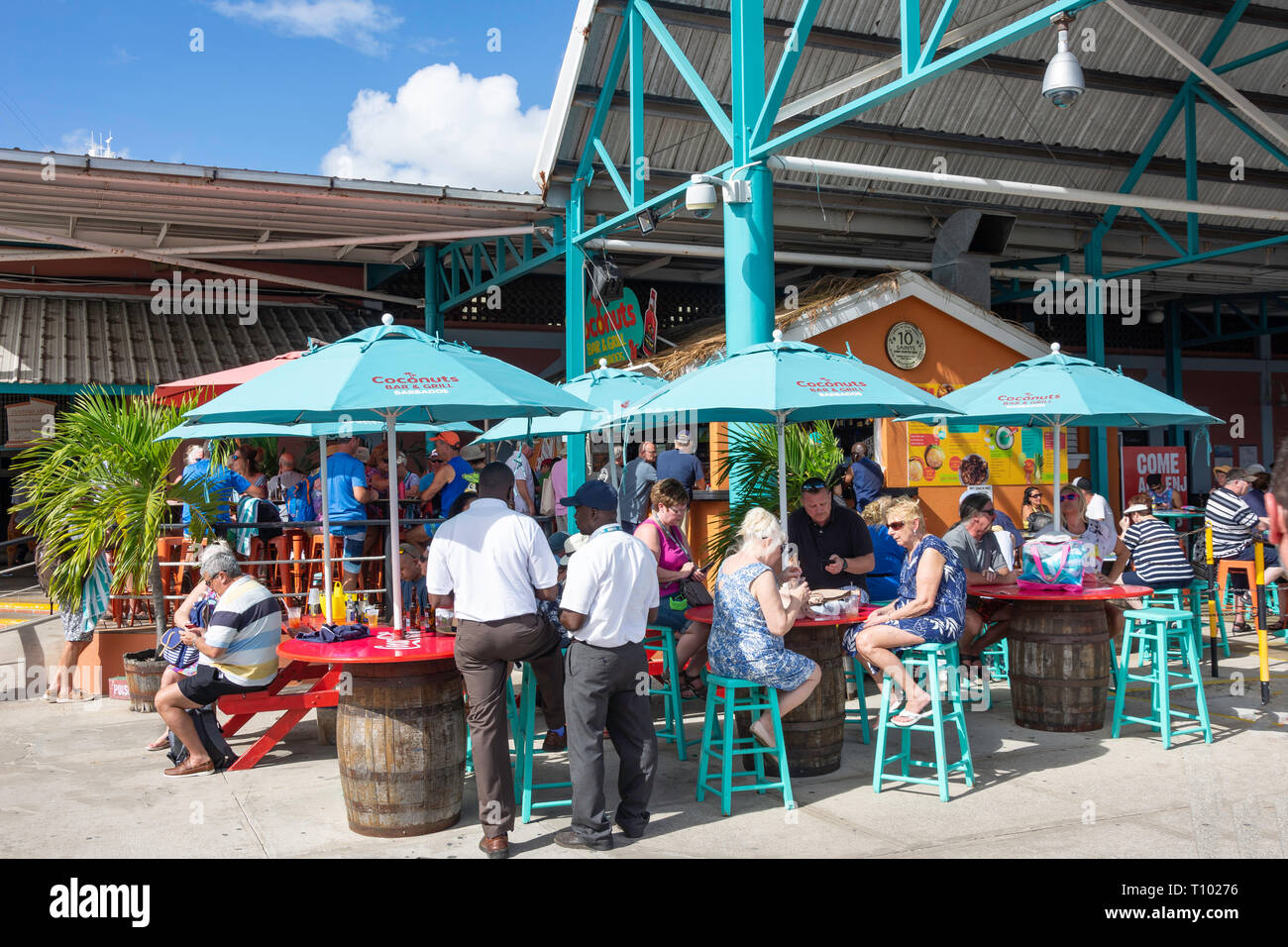 Coconuts Bar & Grill at entrance to  Port Cruise Terminal, Bridgetown, St Michael Parish, Barbados, Lesser Antilles, Caribbean Stock Photo