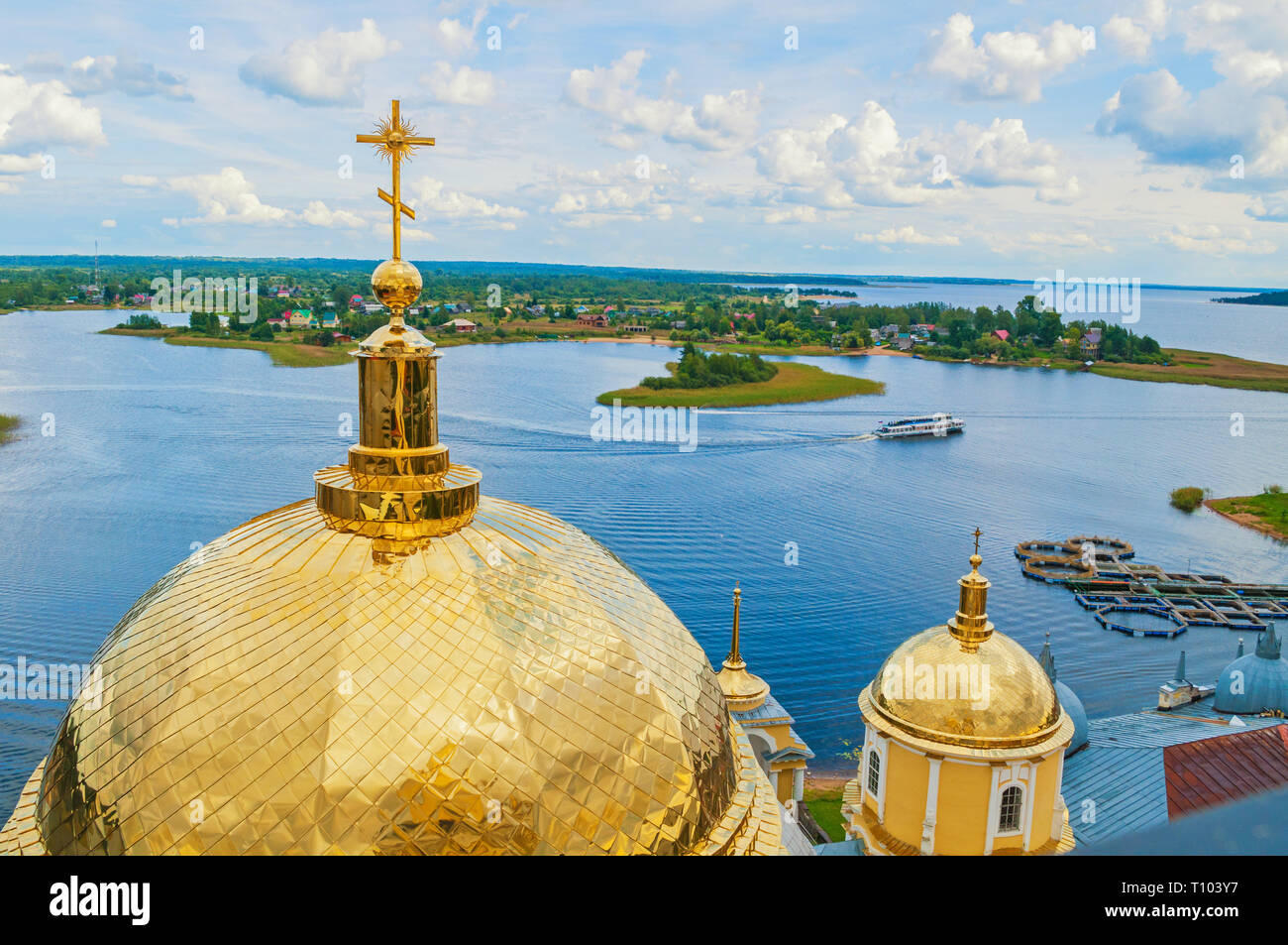 Travel landscape. Tver region and the Seliger lake, Russia. Nilo-Stolobensky Monastery, summer view from from height Stock Photo