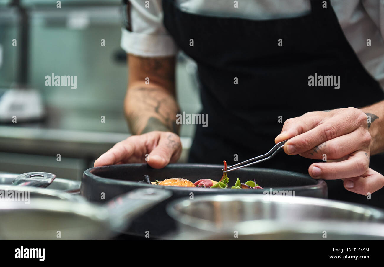 Creative Cooking. Cropped image of chef hands garnishing Pasta ...