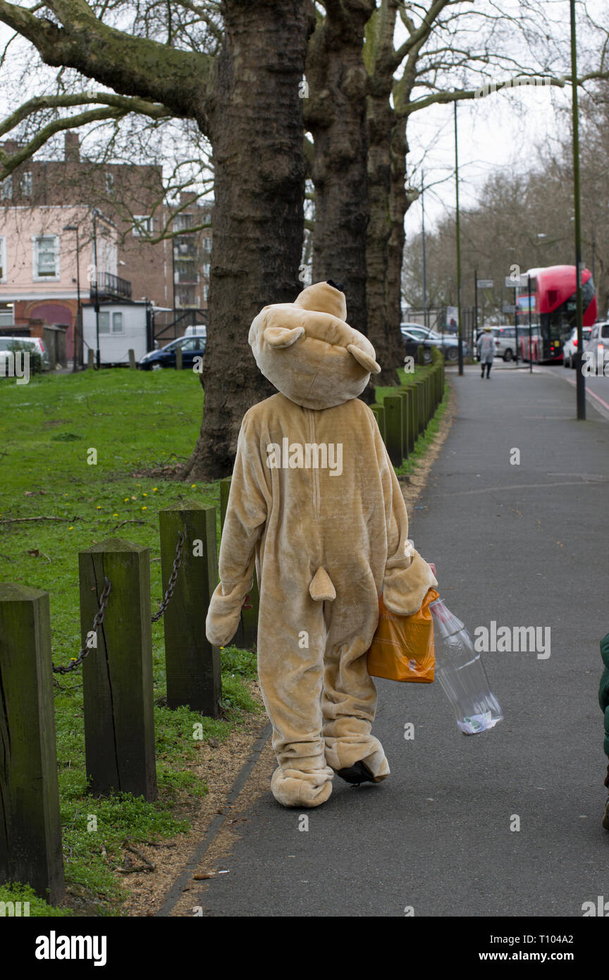 Hasidic boy in fancy dress celebrating the Jewish holiday of Purim in Stamford Hill, London Stock Photo