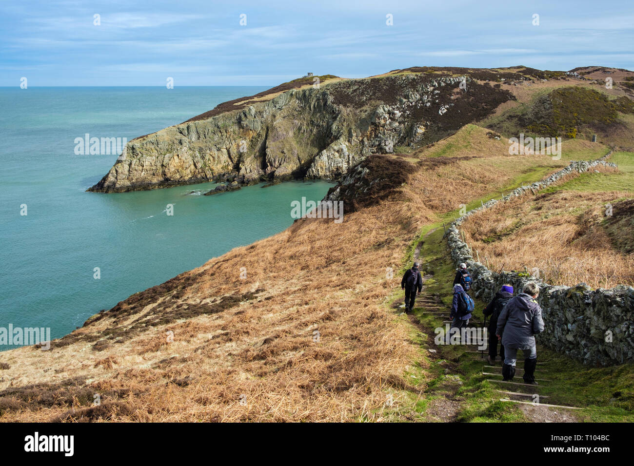 Walkers hiking on the coast path approaching Porth Llanlleiana from Cemaes, Isle of Anglesey, Wales, UK, Britain Stock Photo