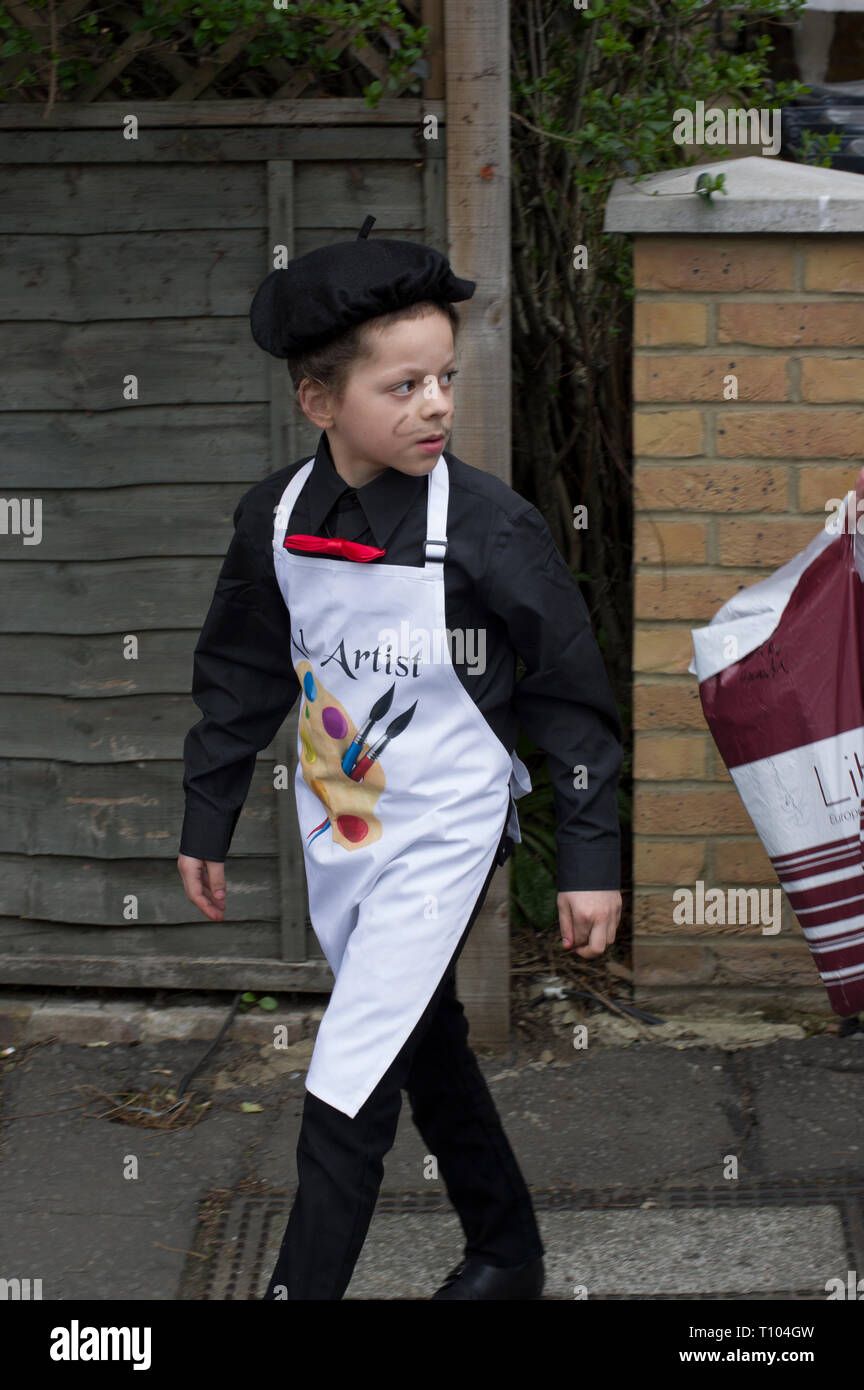 Hasidic boy in fancy dress celebrating the Jewish holiday of Purim in Stamford Hill, London Stock Photo