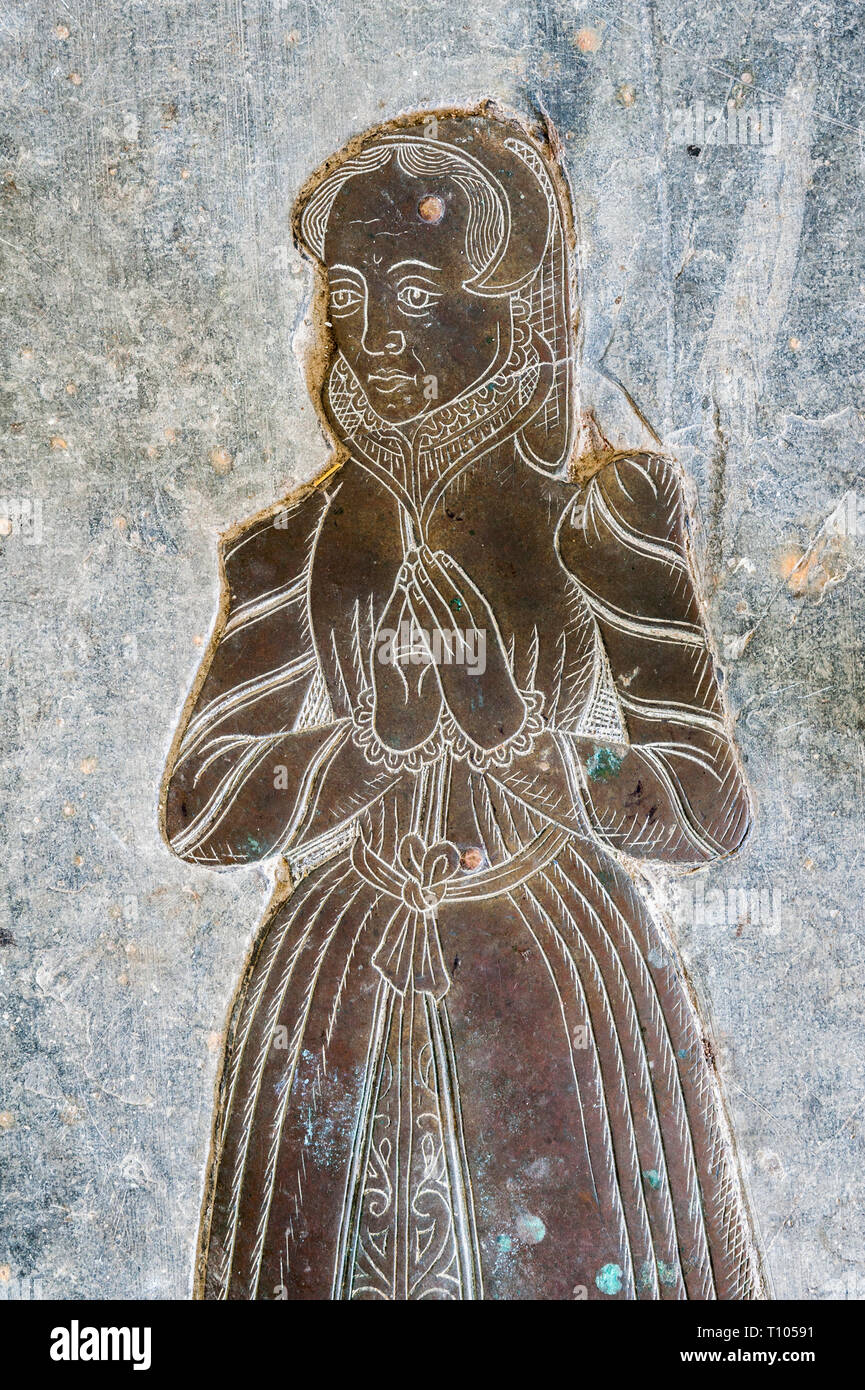 St Mawgan's Church in the village of St Mawgan in Pydar, Lanherne, Newquay, Cornwall, UK. A fine memorial brass to Mary Arundell (1578) Stock Photo