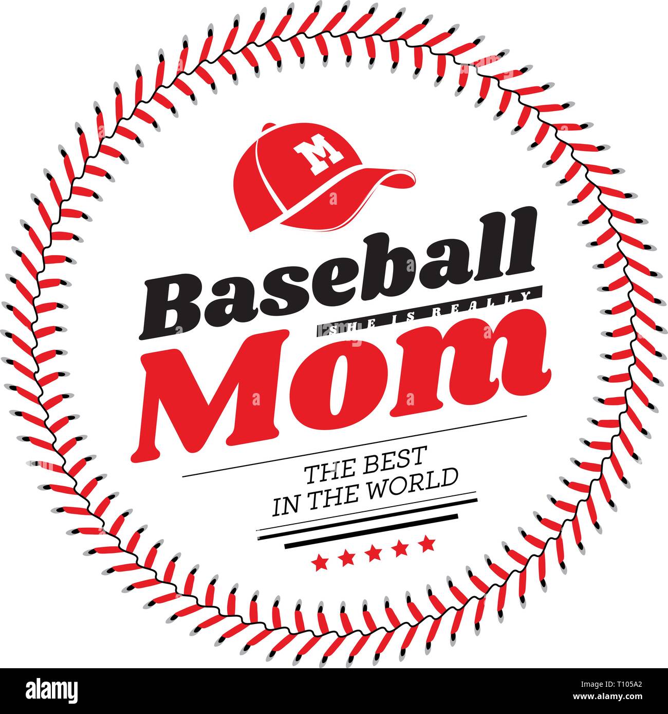 Baseball mom emblem with baseball lacing and a hat on white background. Vector illustration Stock Vector