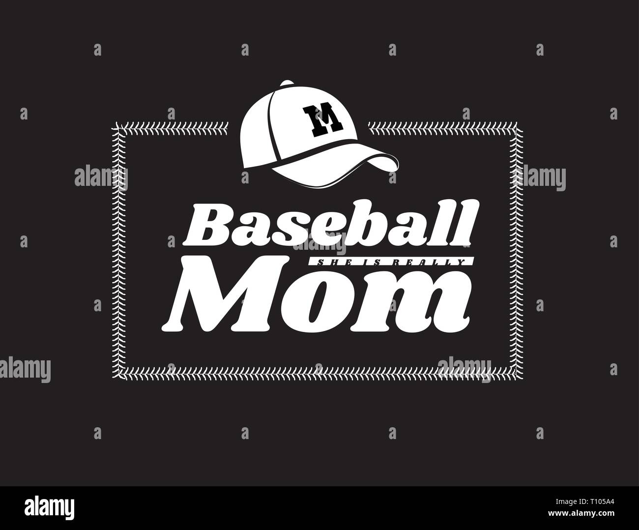 Baseball mom emblem with baseball lacing and a hat on black background. Vector illustration Stock Vector