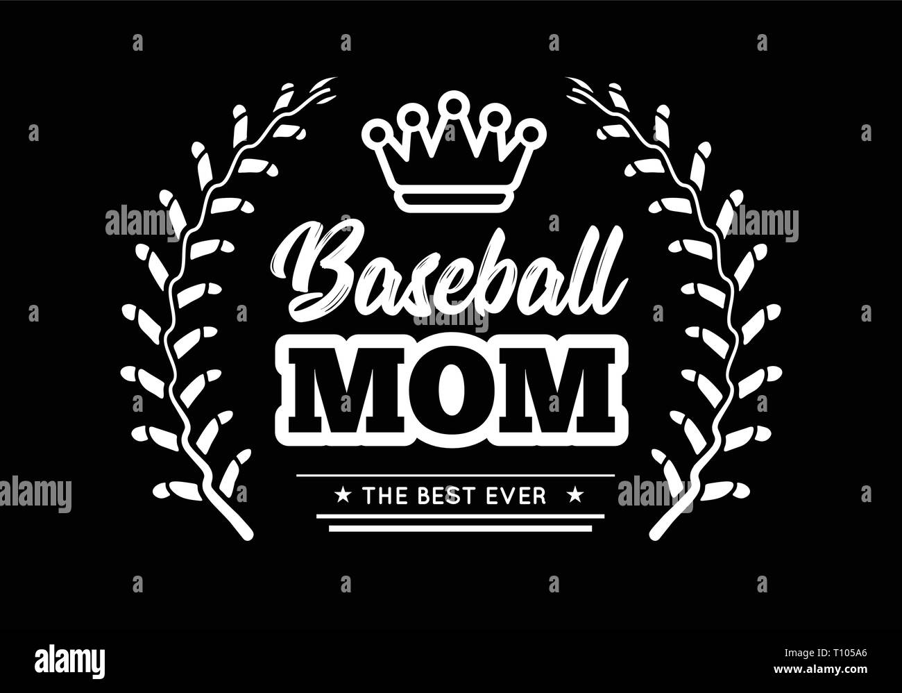 Baseball mom emblem with baseball wreath-style lacing and a king crown on black background. Vector design Stock Vector