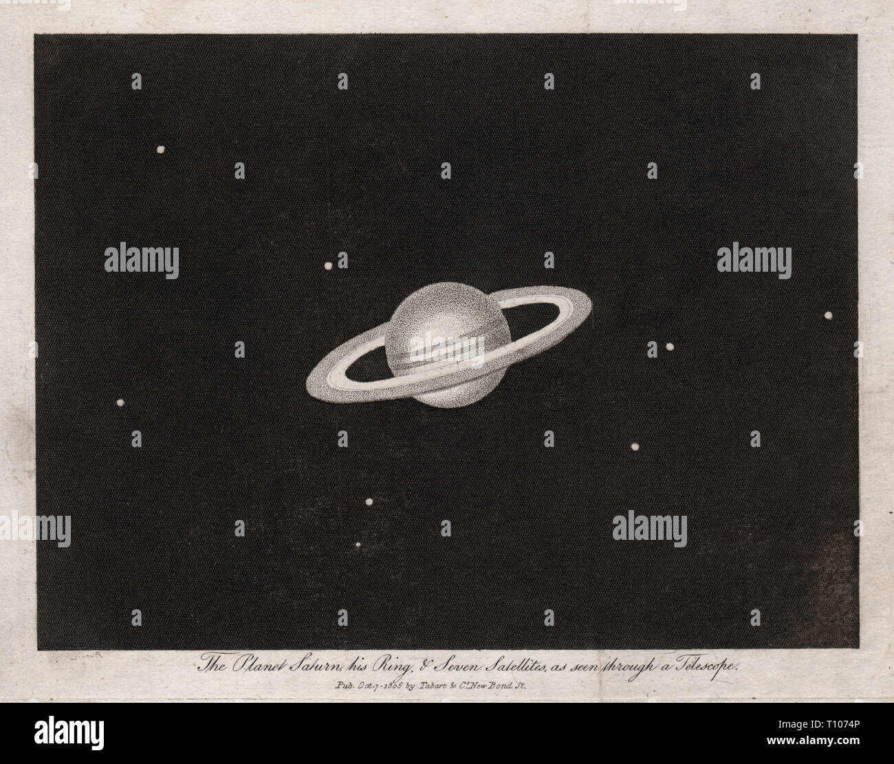 1804 Astronomy Print of Saturn and its Seven Moons - Digitally Enhanced Version Stock Photo