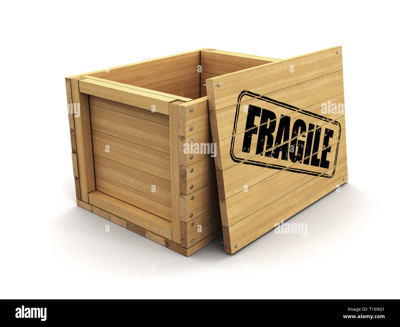Wooden crate with stamp Fragile. Image with clipping path Stock Photo