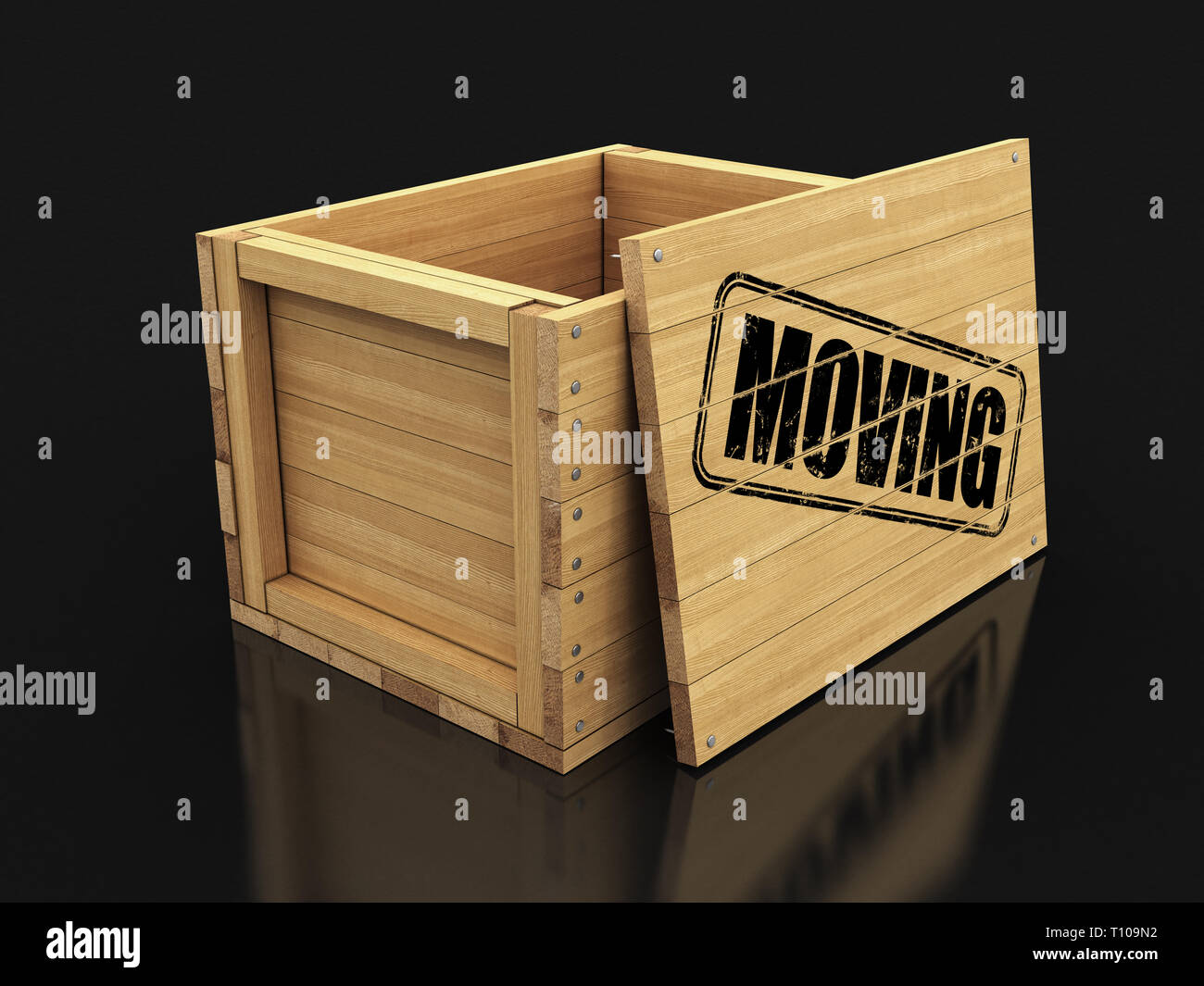 Wooden crate with stamp Moving. Image with clipping path Stock Photo