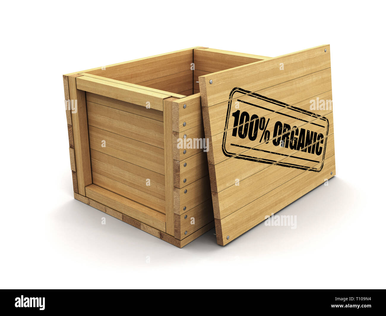 Wooden crate with stamp 100% Organic. Image with clipping path Stock Photo