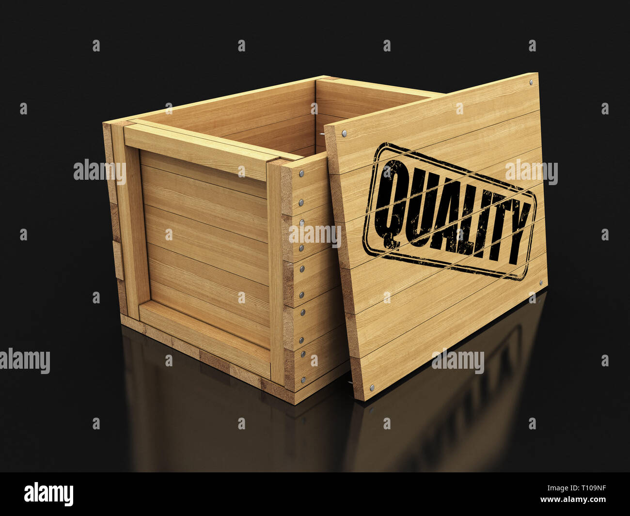 Wooden crate with stamp Quality. Image with clipping path Stock Photo