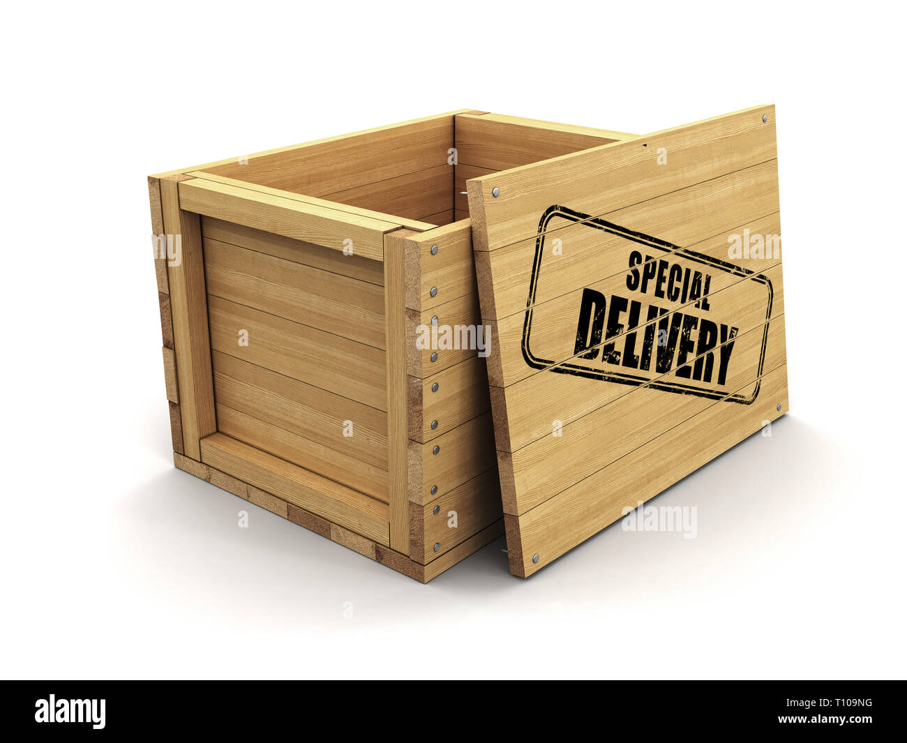 Wooden crate with stamp Special Delivery. Image with clipping path ...